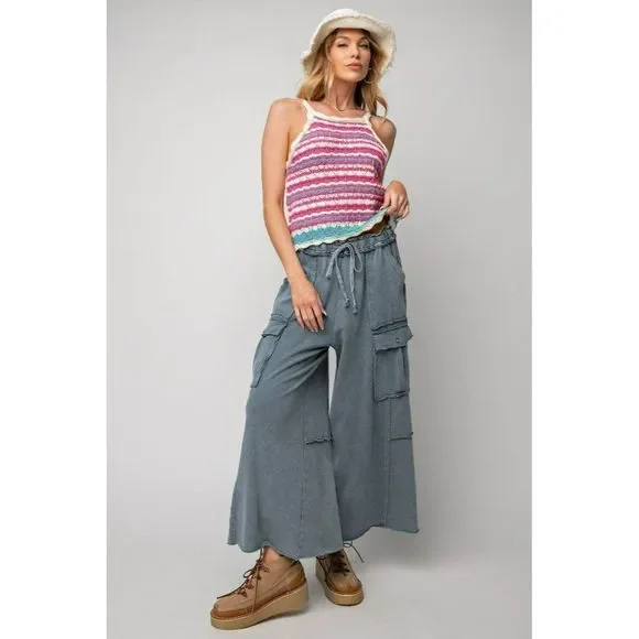 Easel Netflix and Chill Mineral Washed Wide Leg Cargo Pants Faded Navy eb40795 - Picture 4 of 5
